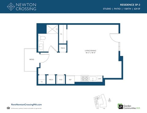 Floor plan for studio, 1 bath, 624 sqft
